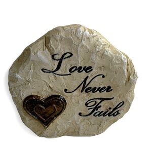 Love Never Fails Engraved Keepsake Resin Stone with Bronze Heart